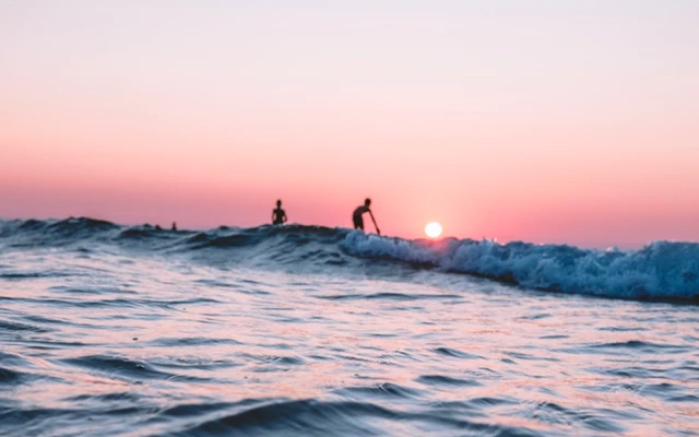 People surfing on small ocean waves as the sun sets, making the sky look pink in colour.